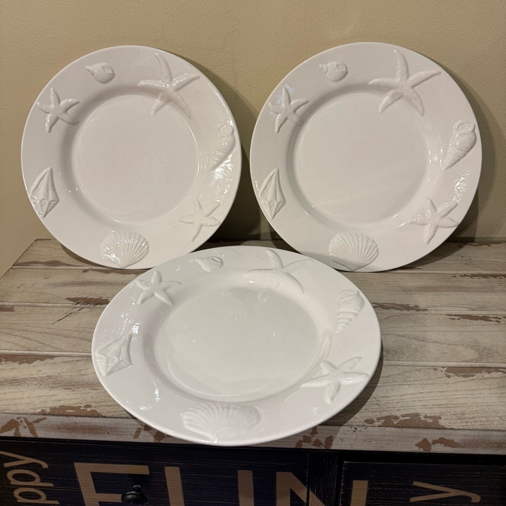 Pottery Barn Seashore Coastal Embossed White Dinner Plates Set of 3 Beach 11”